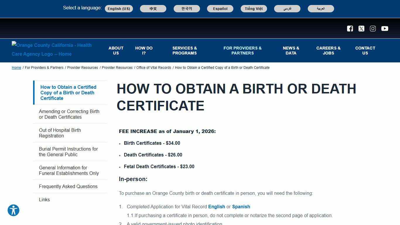 How to Obtain a Birth or Death Certificate | Orange County California - Health Care Agency
